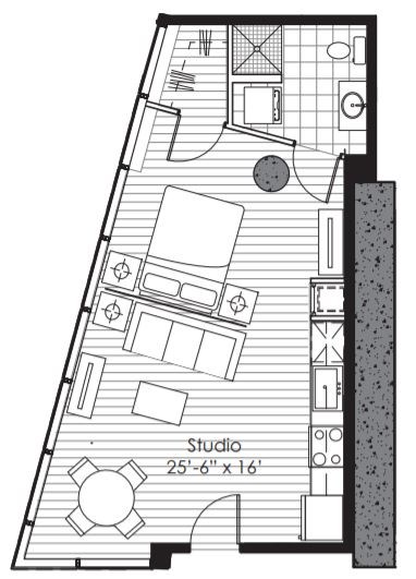 Floor plan for 1 bed, 1 bath, 551 sqft
